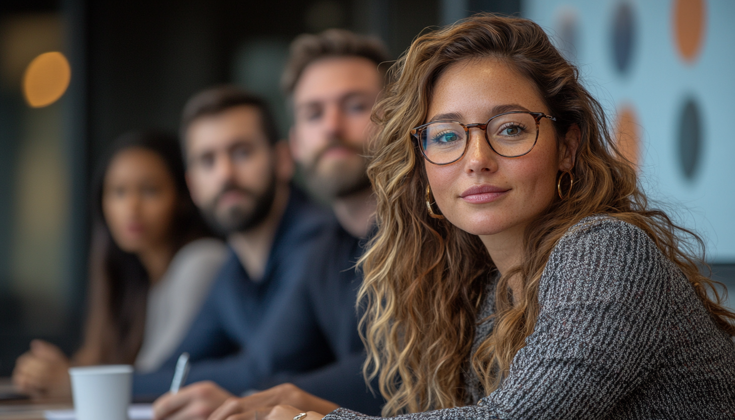 Four diverse professionals around a conference table, demonstrating different DiSC communication styles, with the S-style individual showcasing active listening skills.